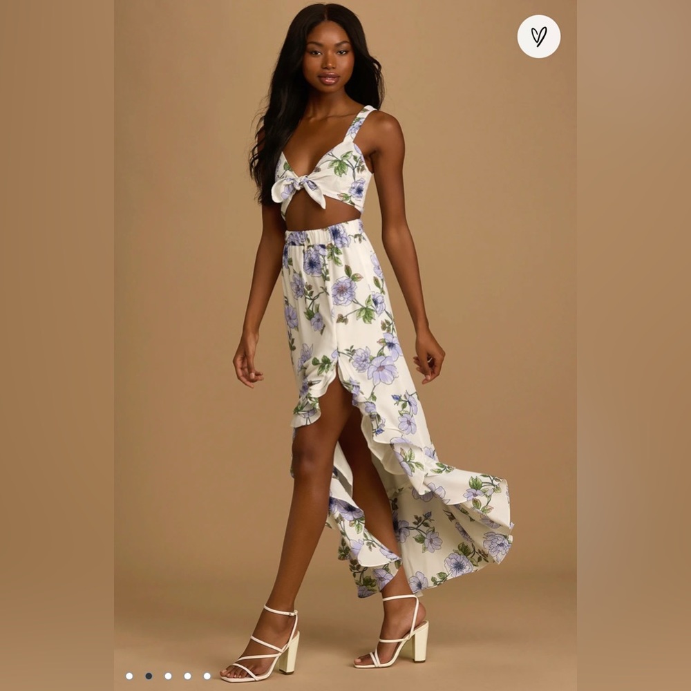 Lulus True Sweetheart Ivory Floral Print Tie-Front Two-Piece Dress